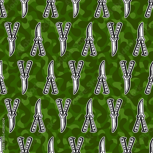 Army green camouflage and butterfly knife seamless pattern art.Vector style cartoon illustration design wallpaper.Army green camouflage fashion seamless pattern background concept