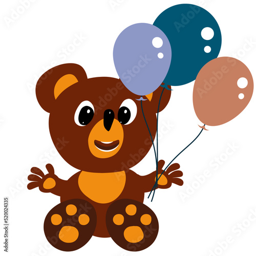 ute teddy bear print. Cute illustration of a teddy bear with balloons for baby t-shirt, baby clothes, invitation, baby design.