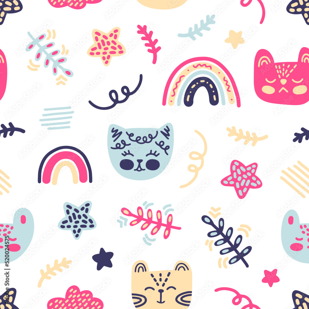 Bright children's vector pattern in the scandinavian style on a white background. Cute cartoon pastel kittens, rainbows, twigs and stars for babies, textiles, prints, decor, interior, cards, wrappers