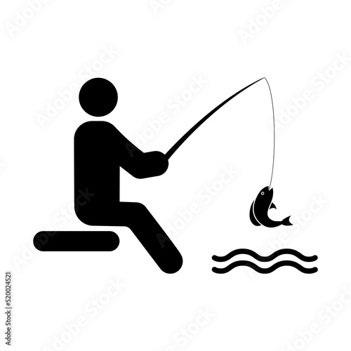 Fisher Man Bait Lake Fish Glyph Pictogram. Summer Outdoor Sport Person Activity Recreation Flat Symbol. Fisherman with Fishing Rod on Coast River Black Silhouette Icon. Isolated Vector Illustration