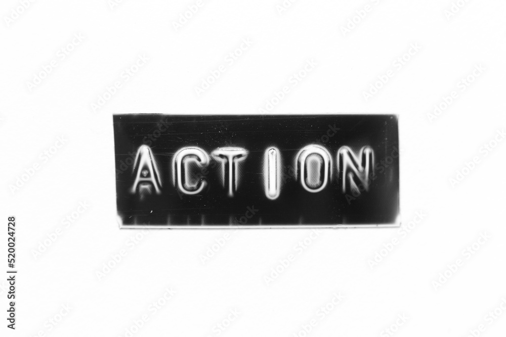 Black color banner that have embossed letter with word action on white paper background Black color banner that have embossed letter with word action on white paper background