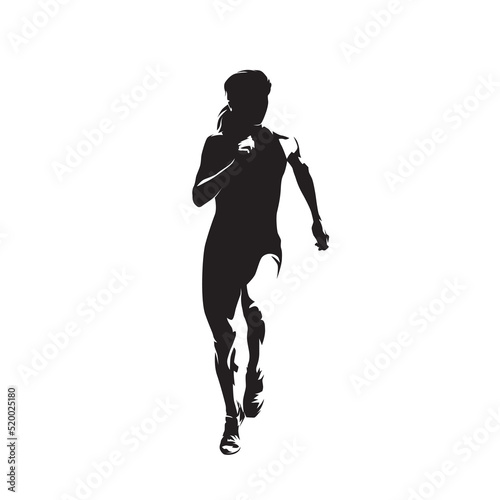 Running woman, front view, abstract isolated vector silhouette, ink drawing. Run logo