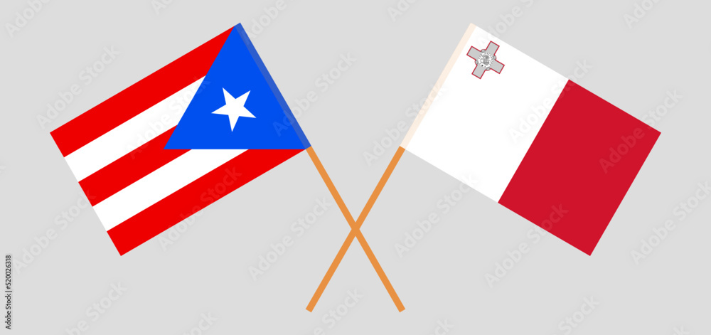 Crossed flags of Puerto Rico and Malta. Official colors. Correct proportion