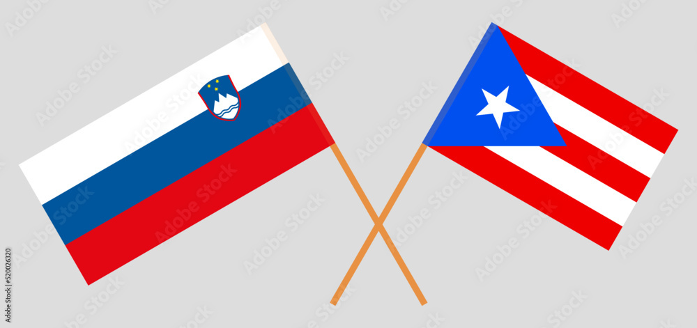 Crossed flags of Slovenia and Puerto Rico. Official colors. Correct proportion