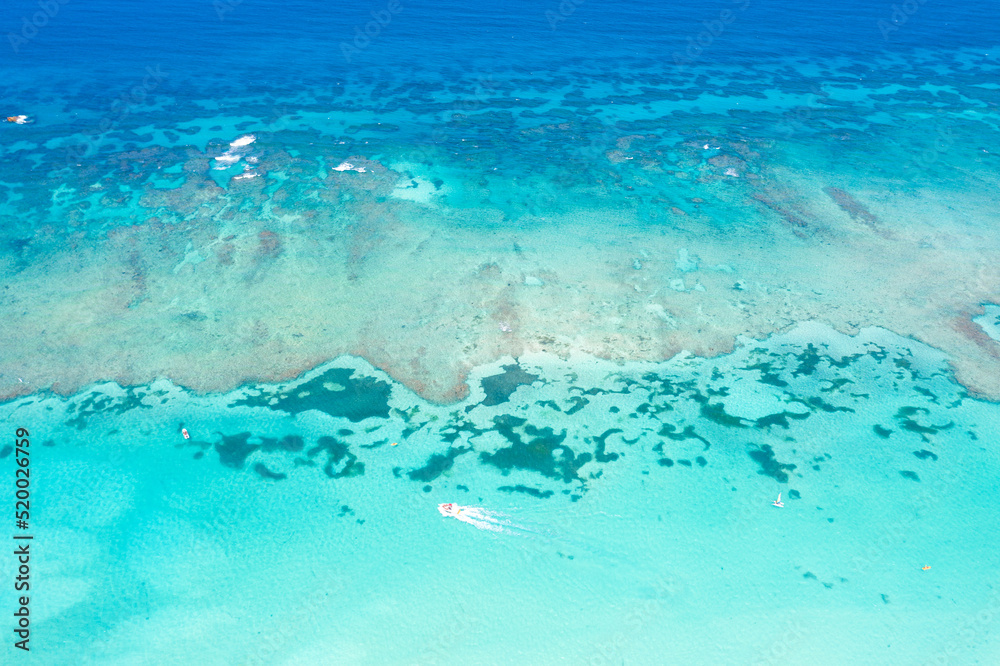 Caribbean sea with reef and azure water, tropical nature. Aerial top view