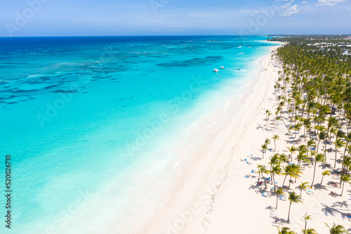 Bounty and pristine sandy shore with coconut palm trees, caribbean sea washes tropical coast. Arenda Gorda beach. Dominican Republic. Aerial view © photopixel