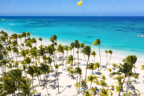 Bounty and pristine sandy shore with coconut palm trees, caribbean sea washes tropical coast. Arenda Gorda beach. Dominican Republic. Aerial view photo