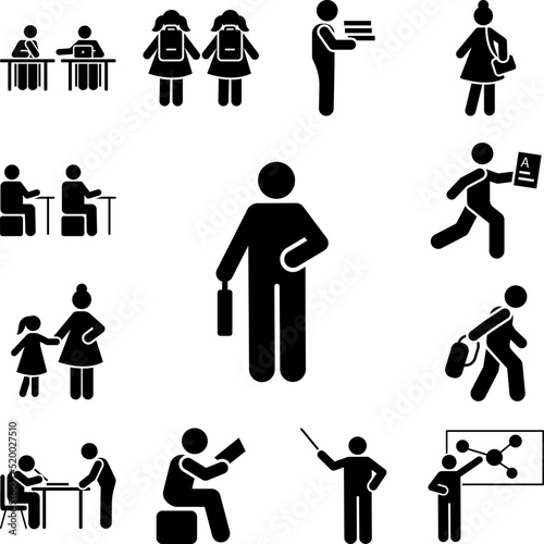 Teacher man books go home pictogram icon in a collection with other items