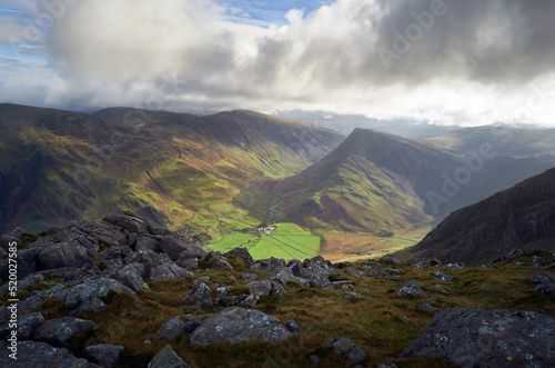Views of Robinson, Hindscarth, Dale Head and Fleetwith Pike with Gatesgarth below from the summit of High Stile in the Lake District, UK.