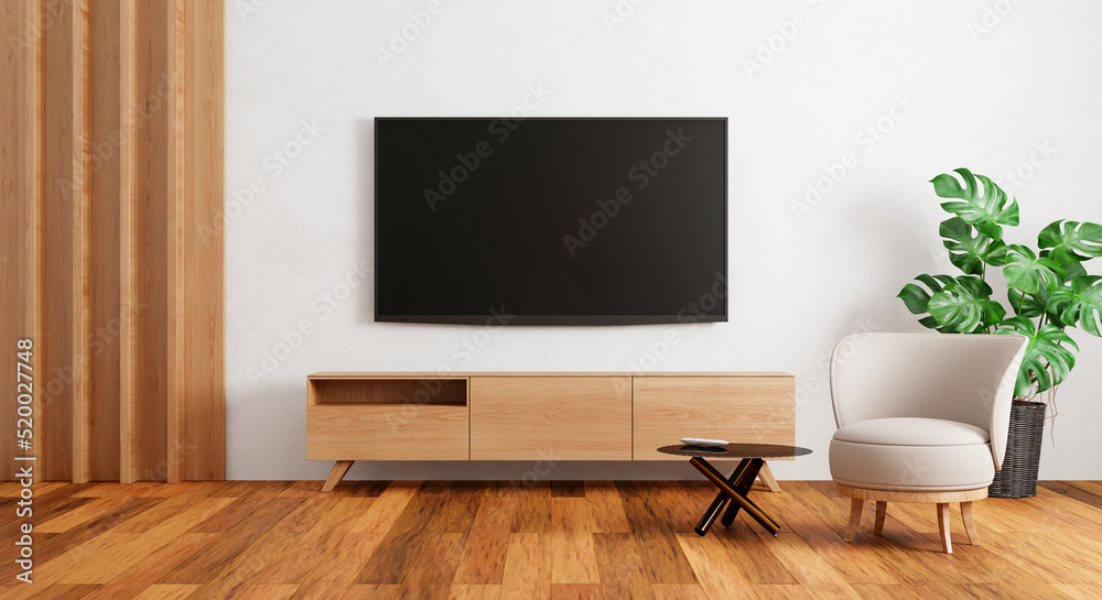 TV above wooden cabinet in modern empty room with plants carpet on wooden background. Japanese style theme. Architecture and interior concept. 3D illustration rendering TV above wooden cabinet in modern empty room with plants carpet on wooden background. Japanese style theme. Architecture and interior concept. 3D illustration rendering