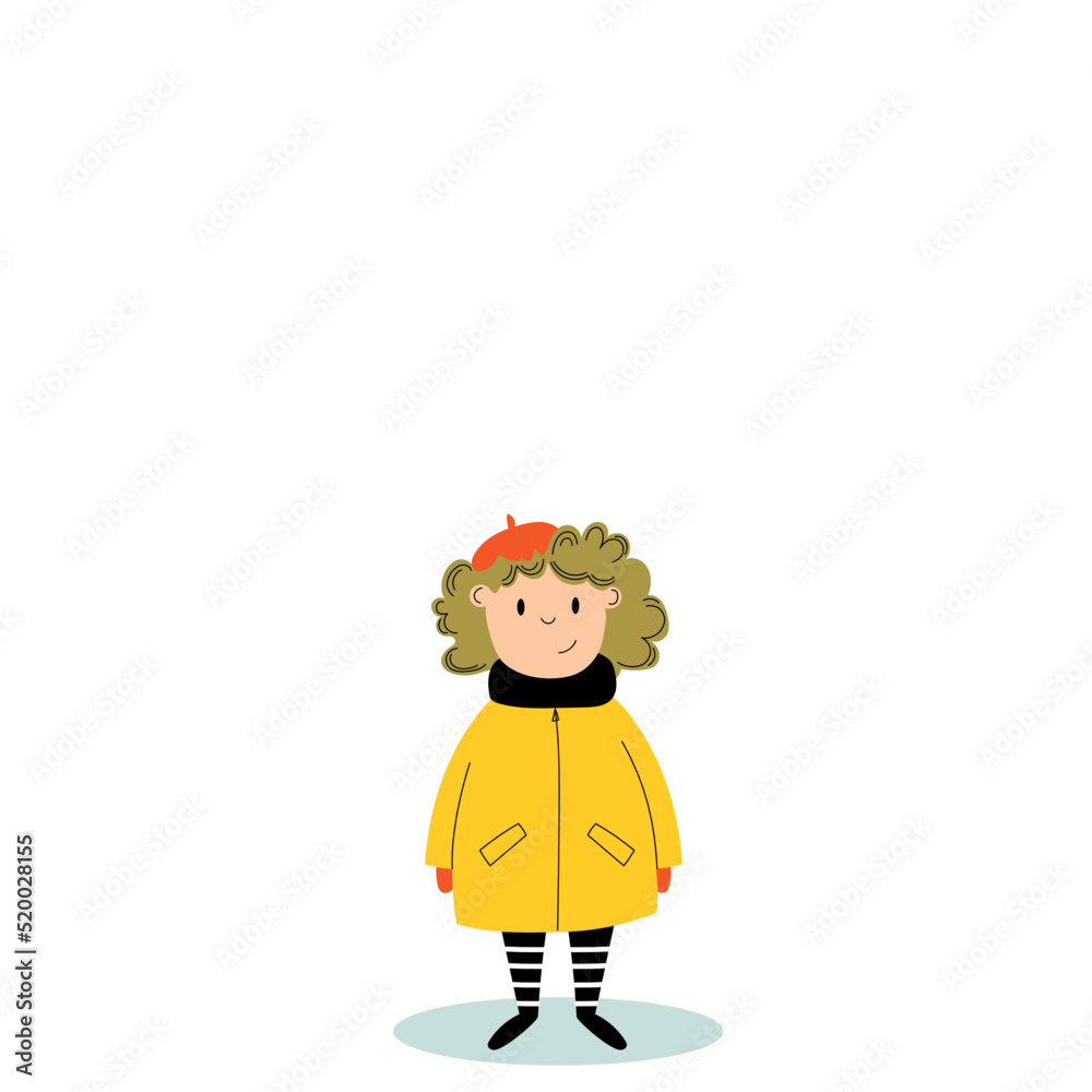 Illustration that girls wearing a yellow raincoat in the rainy season. Girl dressed in French style. 