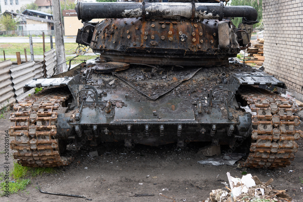 A close-up of a destroyed Russian tank during the military invasion of Ukraine. Ukraine war