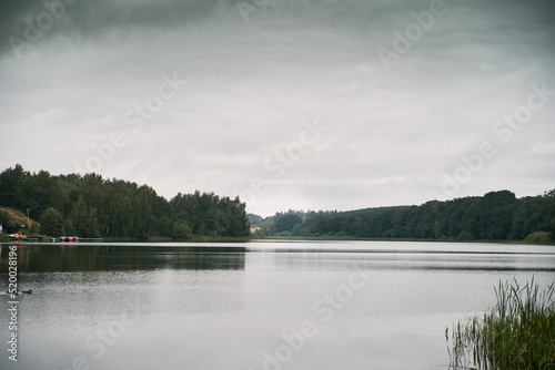 Rainy Day at the Lake. Pond view with some forests and trees on the other shore. Calm day on the coast of a swamp