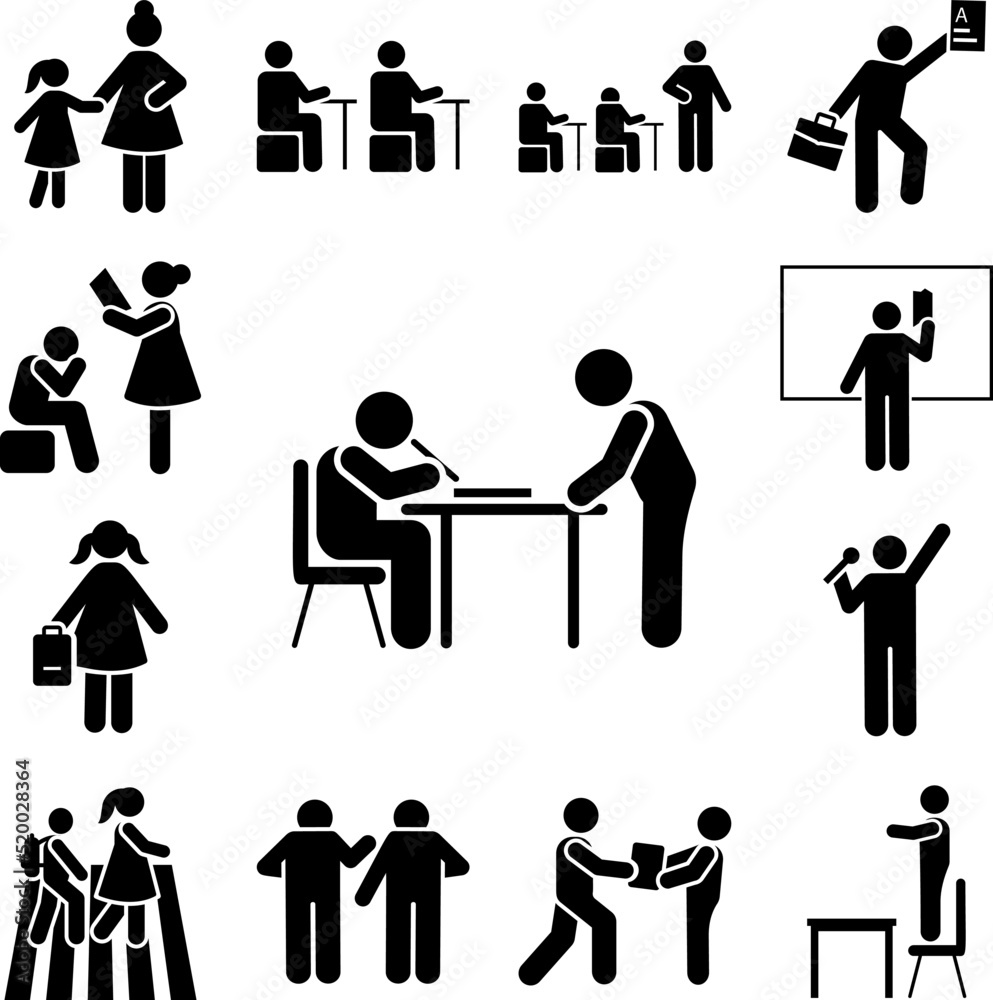 Student class write teacher pictogram icon in a collection with other items Student class write teacher pictogram icon in a collection with other items