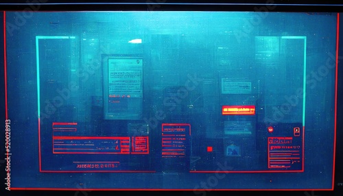 The pop-up screen of the computer warning about the hacking of the system, the compromised software environment is neon blue. A warning screen about near the system, 3D rendering