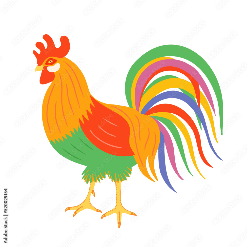 Colorful rooster. Vector Illustration for printing, backgrounds, covers, packaging, greeting cards, posters, stickers, textile and seasonal design. Isolated on white background.