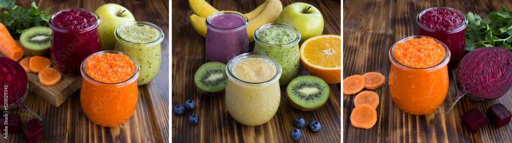 Collage. Different fruit and vegetable smoothies or puree in the small glass jars on the brown wooden background. Closeup. Collage. Different fruit and vegetable smoothies or puree in the small glass jars on the brown wooden background. Closeup.