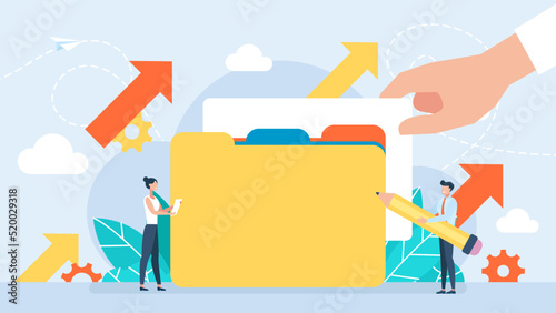Folder with colored flaps. Office manager folders. Office manager folders for web design. Tiny characters pack documents. Work with data. Cloud technologies. Folder sharing. Flat vector illustration
