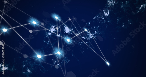 Image of network of connections with glowing spots on black background © vectorfusionart