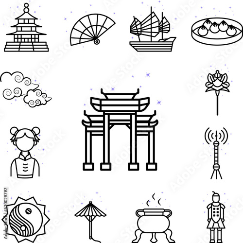 Architecture, paifang, China culture building icon in a collection with other items