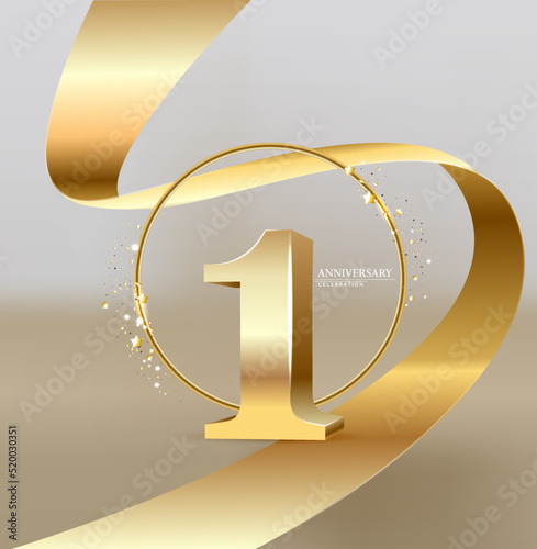1th Anniversary celebration. Gold numbers with glitter gold confetti, serpentine.