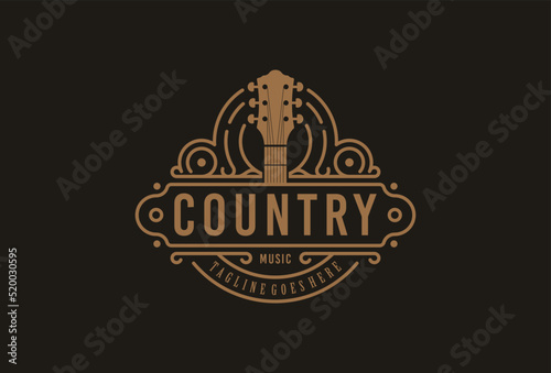 Country Guitar Music Western Vintage Retro Saloon Bar Cowboy logo design