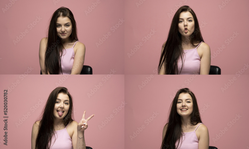 Set of young girl posing with many different facial expressions on pink background. Collage with emotions.