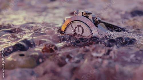 Wristwatches rusting ashore in the sunset. Life concept. Timelapse. Water simulation. Cgi modern realistic art.