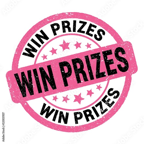 WIN PRIZES text written on pink-black round stamp sign.