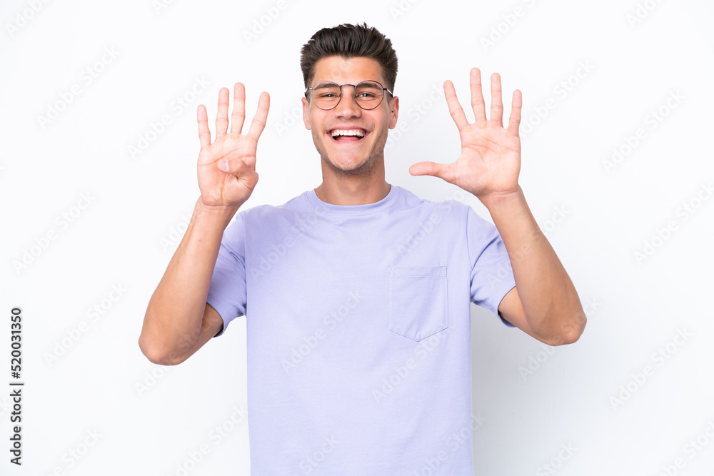 Young caucasian man isolated on white background counting nine with fingers Young caucasian man isolated on white background counting nine with fingers
