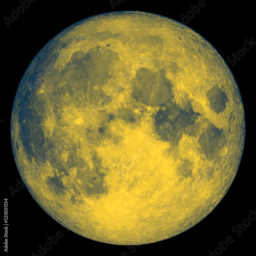 Full moon vector illustration isolated on black background. Blue with yellow realistic fantasy moon. Twenty five colors.