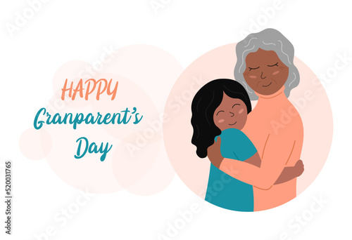 Grandparents Day celebration. Grandmother and granddaughter hug. Smiling granny and little girl together. Happy Grandparents Day greeting card, banner, poster. Flat vector illustration