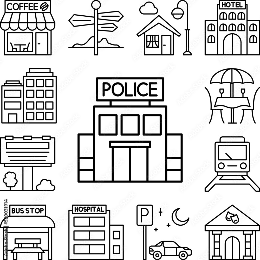 Police station, building icon in a collection with other items