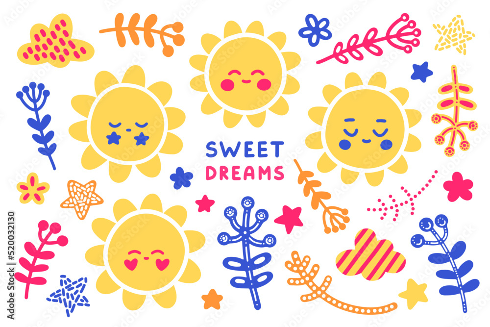 Bright sunny children's vector set of over twenty-five clip arts in scandinavian folk style. Delicate dreamy suns, twigs, clouds, stars and flowers for posters, prints, patterns, textiles, decor, kids Bright sunny children's vector set of over twenty-five clip arts in scandinavian folk style. Delicate dreamy suns, twigs, clouds, stars and flowers for posters, prints, patterns, textiles, decor, kids