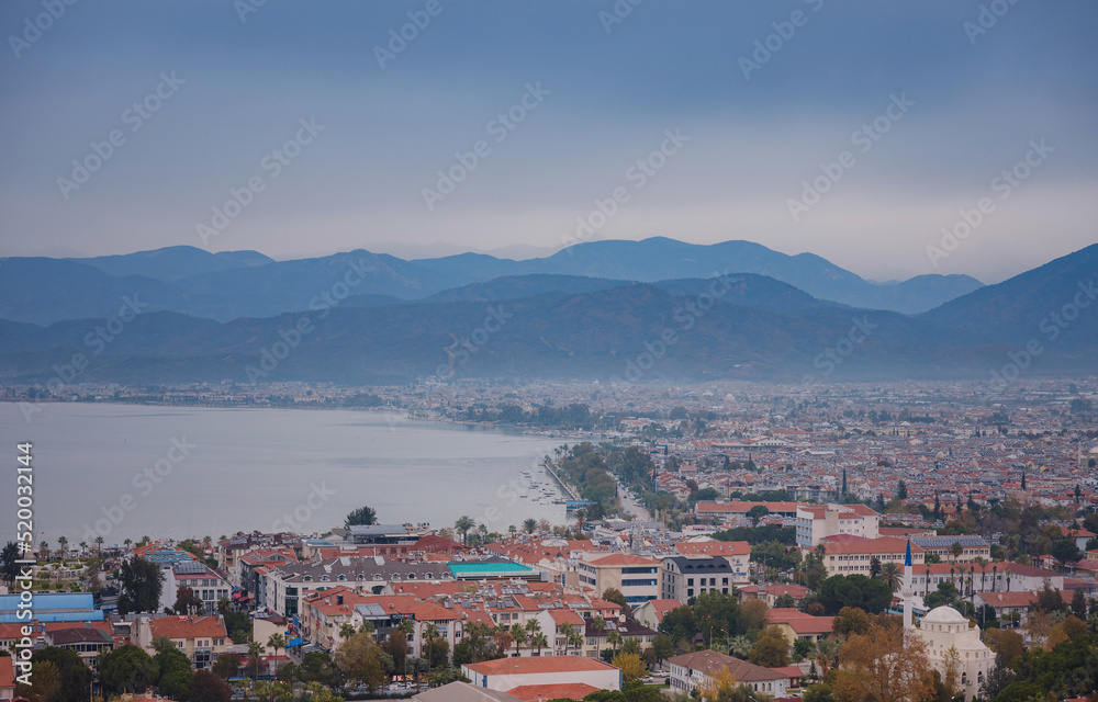 Aerial view of Fethiye landscape and cityscape.