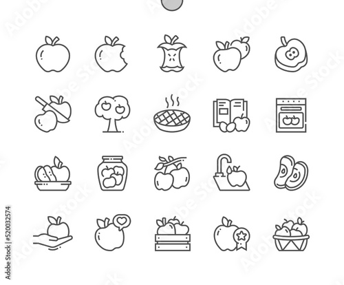 Apple fruit. Cooking, recipes and price. Whole and cut apples. Food shop, supermarket. Menu for cafe. Pixel Perfect Vector Thin Line Icons. Simple Minimal Pictogram