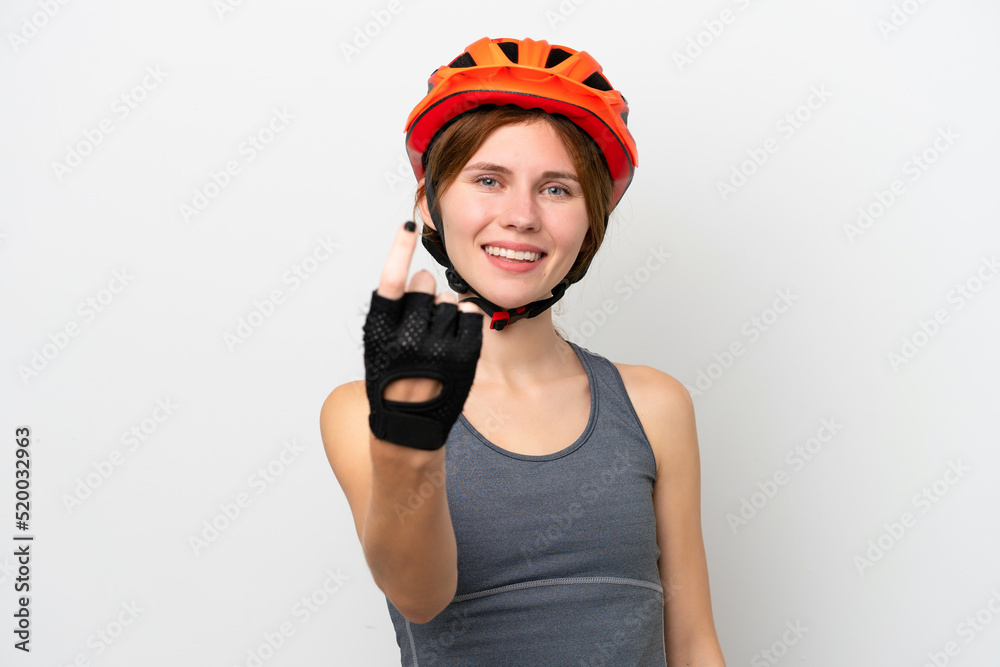 Young cyclist English woman isolated on white background doing coming gesture Young cyclist English woman isolated on white background doing coming gesture