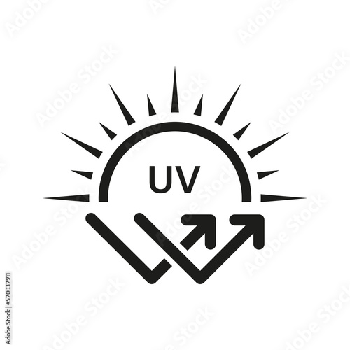 Ultraviolet Rays Silhouette Black Icon. SPF Sun Ray Resistant Sunblock. Sun UV Arrow Protect Radiation Glyph Pictogram. Sunblock Protection Defense Skin Care Icon. Isolated Vector Illustration photo
