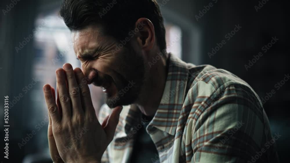 Portrait of Emotional Man Crying, Stressed, Having Mental Problems, Dealing with Death in the Family, Loneliness. Male Suffering from Depression, anxiety or other Treatable Disorders. Slow Motion