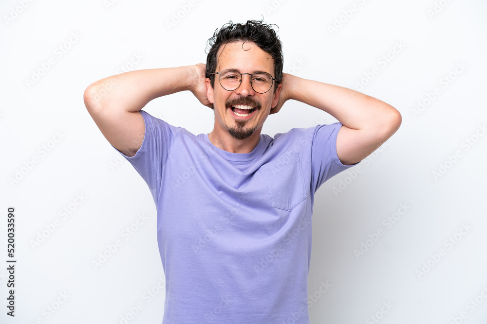 Young man with moustache isolated on white background laughing Young man with moustache isolated on white background laughing