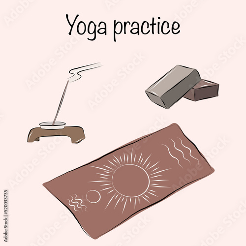 Yoga practice. Vector collection. Meditation. Candles and incense sticks. Mat and blocks for asanas. A cup of tea with chamomile. Colored flat illustration.