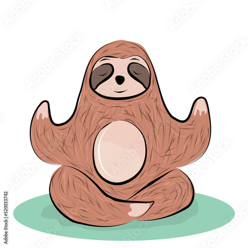 Vector cartoon character of a sloth in a meditative pose. Yoga practice. Relaxation. Colorful banner, poster. Colored flat illustration.