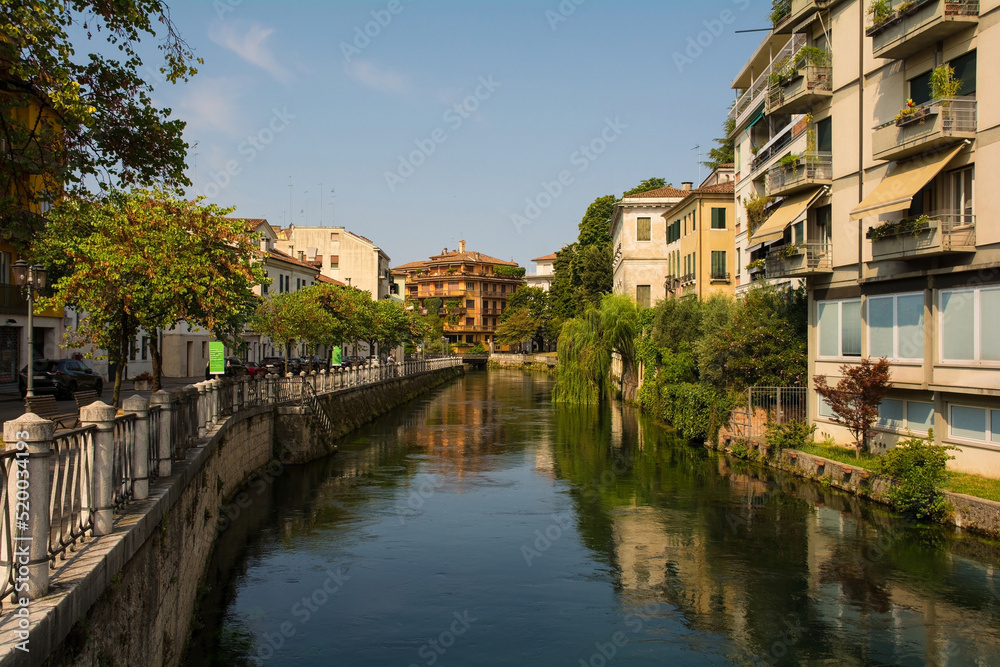 The Sile River as it flows through the historic centre of Treviso in Veneto, north east Italy. View from the Via San Margherita bridge
