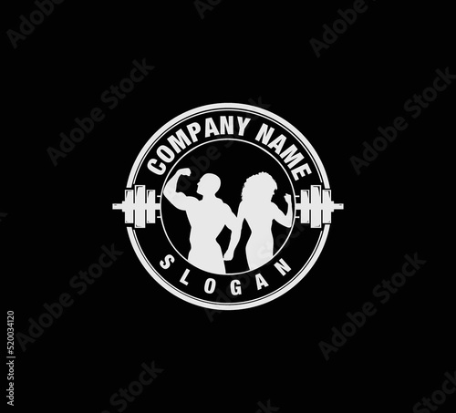 couple fitness logo with circle and barbell.