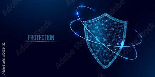 Guard shield. Cyber security concept with glowing low poly shield on dark blue background. Wireframe low poly design. Abstract futuristic vector illustration photo
