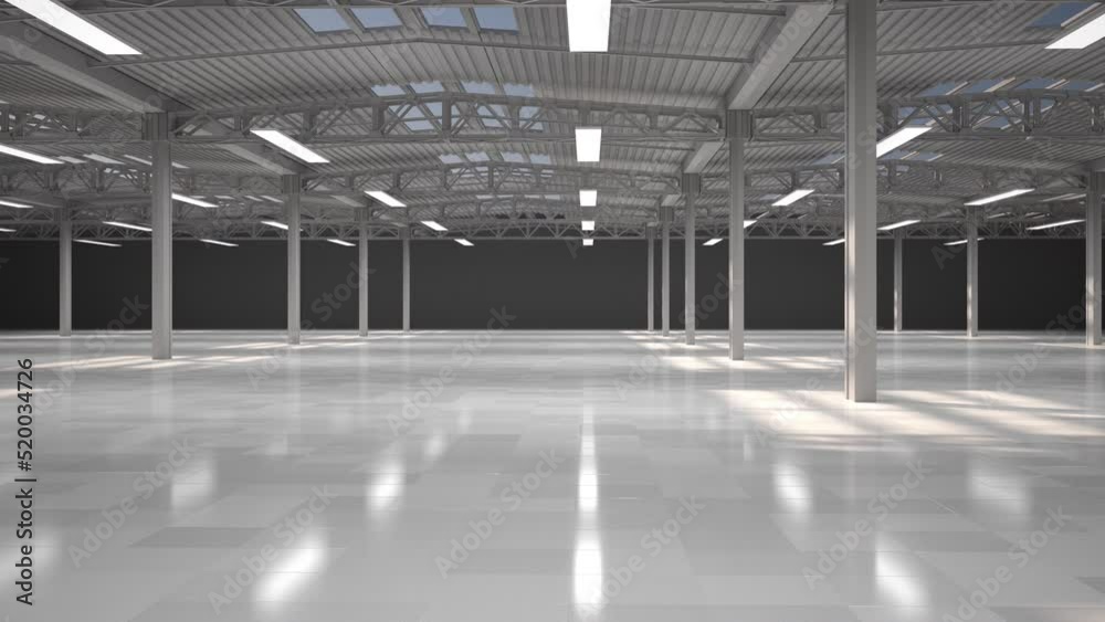 Empty warehouse hall, the light turns on. Industrial interior of the hall with lighting. Logistics distribution industrial interior with gates. The work of light. Looped