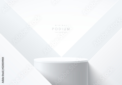Realistic white, gray 3D cylinder stand podium with triangle overlap background. Vector luxury geometric forms. Abstract minimal scene for mockup products, Round stage for showcase, promotion display.