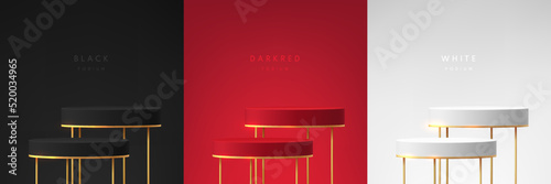 Set of 3D background luxury stand podium with golden easel legs. Black, red, white luxury geometric forms scene. Abstract minimal wall scene for mockup products display. Vector round stage Showcase.