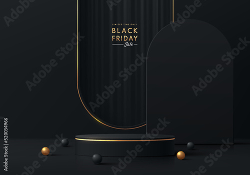 Realistic black, golden 3D cylinder pedestal podium with black curtain on window arch shape background. Black friday sale, Vector abstract minimal scene for products stage showcase, Promotion display.