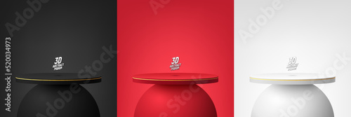Set of abstract 3D background with realistic cylinder stand or podium. black, Red, white. Minimal wall scene mockup products, Round stage showcase, Promotion display. Vector geometric forms design.
